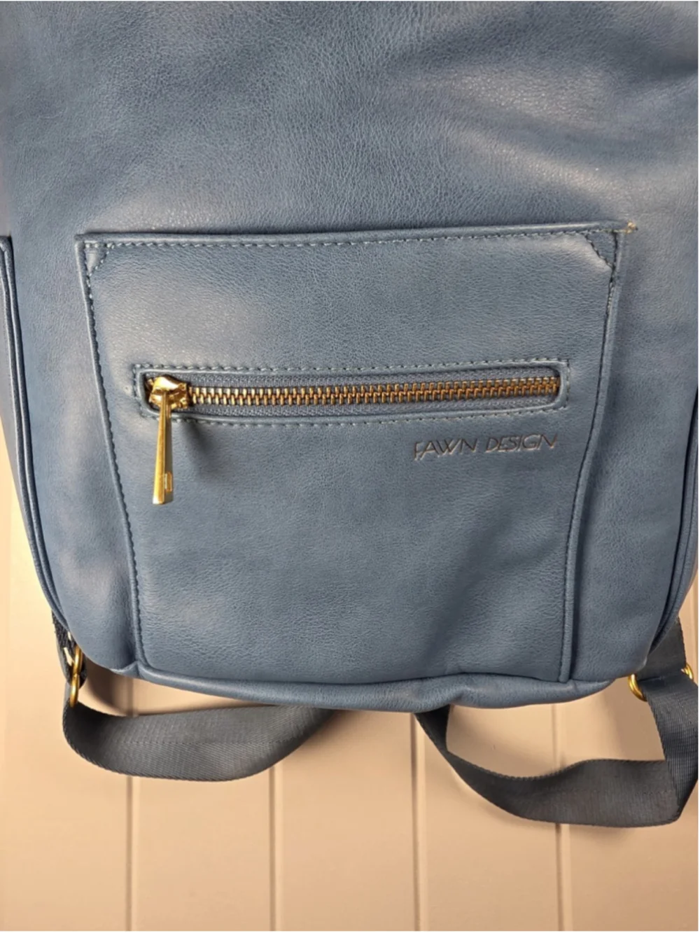 Fawn Design Original Bluebell Diaper Bag Backpack Vegan Leather Blue Gold